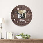 Rustic Wood Personalized Photo Wedding Anniversary Round Clock<br><div class="desc">Wedding clocks to personalize with the couple's photo and last name. The rustic wood background adds a country chic look. A great gift for weddings, anniversaries,  and new home housewarming .</div>