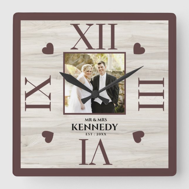 Rustic Wood Personalized Photo Wedding Anniversary Square Wall Clock (Front)