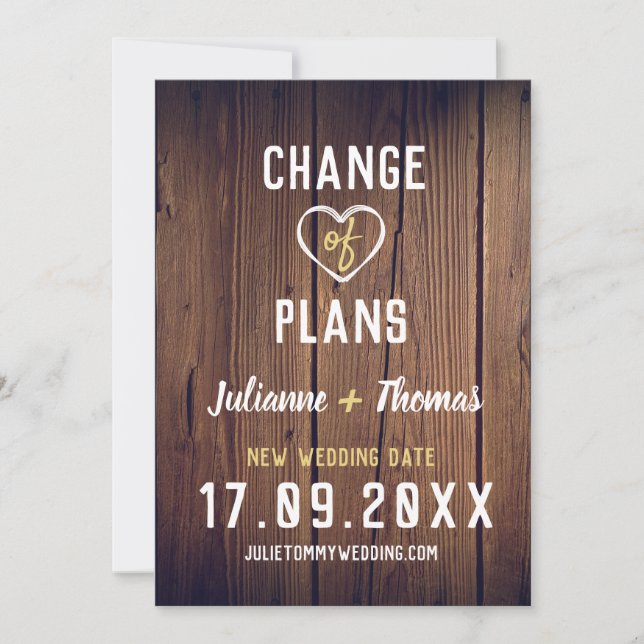 Rustic Wood Personalized Script Change of Plans Save The Date (Front)