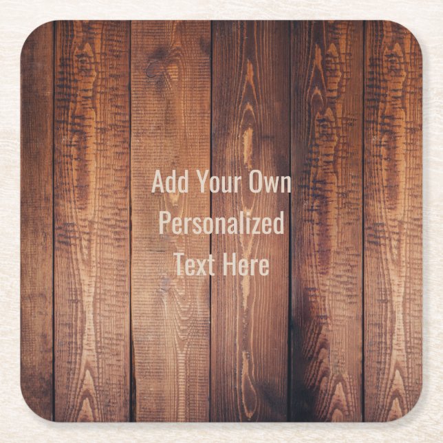 Rustic wood Personalized Text Square Paper Coaster (Front)