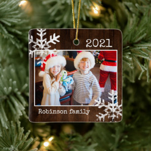 Rustic Wood Photo Border White Snowflakes Holiday Ceramic Ornament