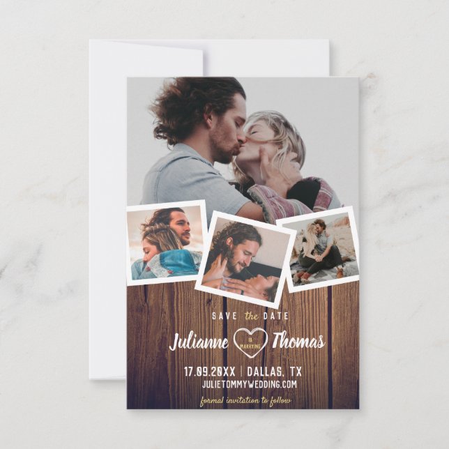 Rustic Wood Photo Collage Elegant Wedding Save The Date (Front)