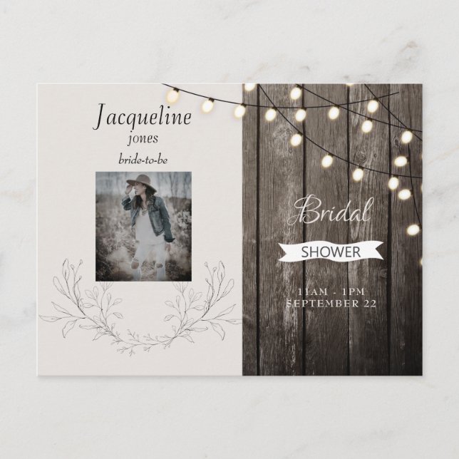 Rustic Wood Photo Neutral Lights Bridal Shower Invitation Postcard (Front)