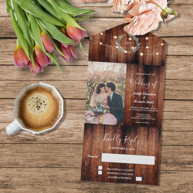 Rustic wood photo string lights country Wedding All In One Invitation (Rustic wood photo string lights Wedding All In One Invitation. For your rustic country wedding.)