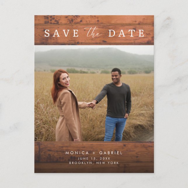 Rustic Wood Photo Wedding Save the Date Announcement Postcard (Front)