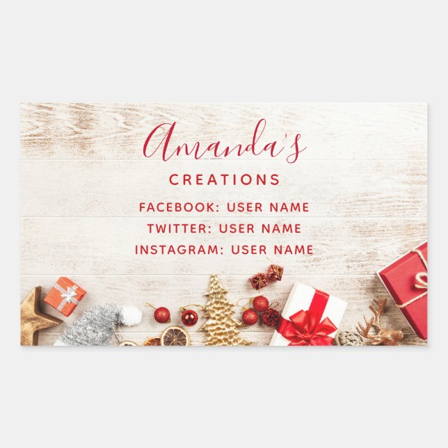 Rustic Wood Photo with Christmas Items Business Sticker (Front)