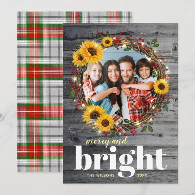 Rustic Wood Photo Wreath Sunflower Christmas Cards (Front/Back)
