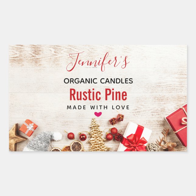 Rustic Wood Photograph with Christmas Items Candle Sticker (Front)