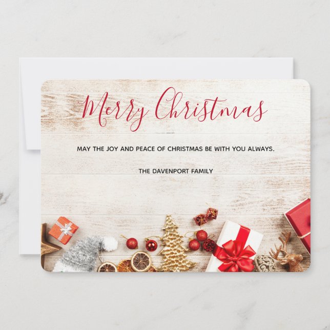 Rustic Wood Photograph with Christmas Items Holiday Card (Front)