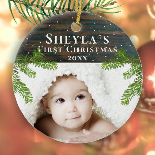 Rustic Wood Pine Baby`s First Christmas Photo Ceramic Ornament