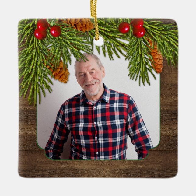 Rustic Wood Pine Boughs Memorial Photo Christmas Ceramic Ornament (Front)