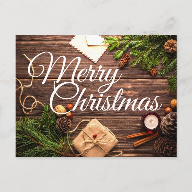Rustic Wood Pine Cones Merry Christmas Postcard (Front)
