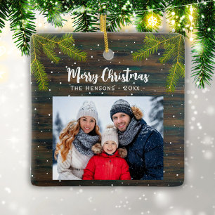 Rustic Wood Pine Merry Christmas Family Photo Ceramic Ornament