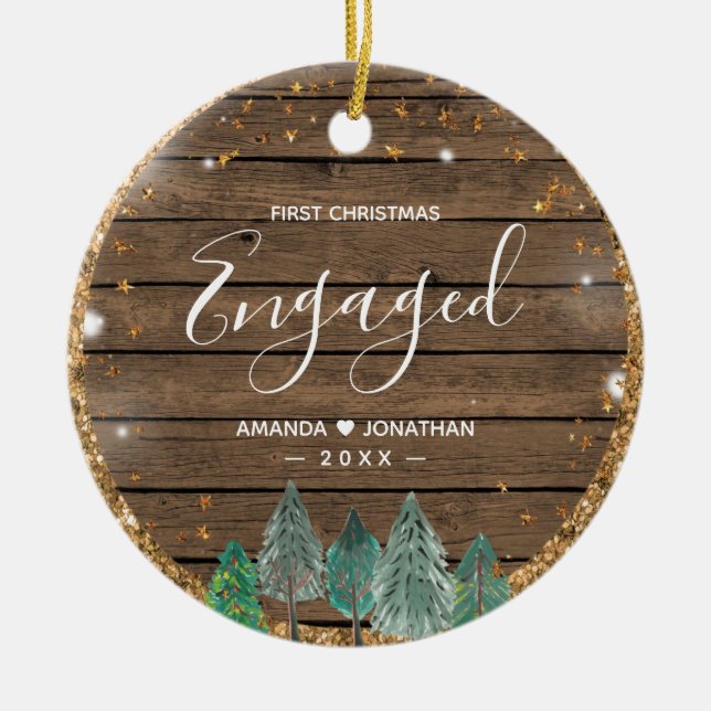 Rustic Wood Pine Trees Christmas Engaged  Ceramic Ornament (Front)