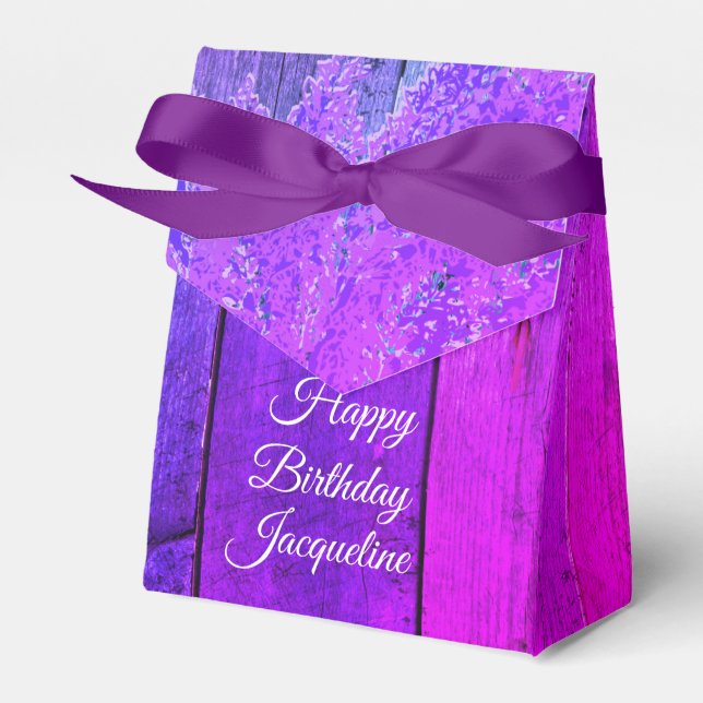 Rustic Wood Pink and Purple Lilac Personalized Favor Box (Front Side)