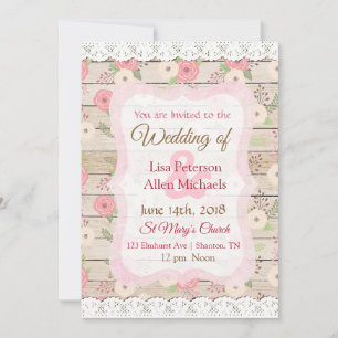 Rustic Wood Pink and Tan Floral Wedding Invitation
