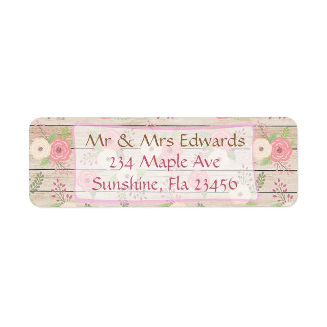 Rustic Wood Pink and Tan Flowers Address Labels (Front)