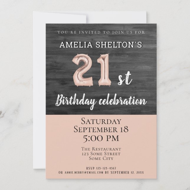 Rustic Wood Pink Balloon 21st Birthday Party Invitation (Front)