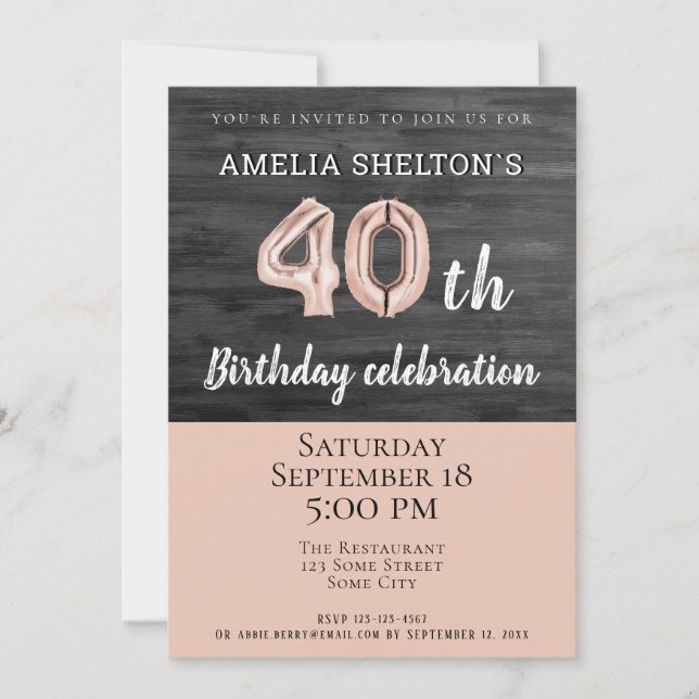 Rustic Wood Pink Balloon 40th Birthday Party Invitation (Front)