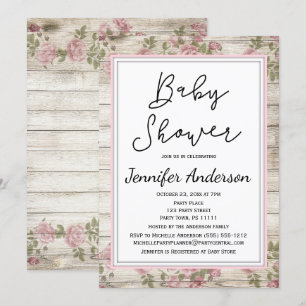Rustic Wood Pink Floral Baby Shower Invitation