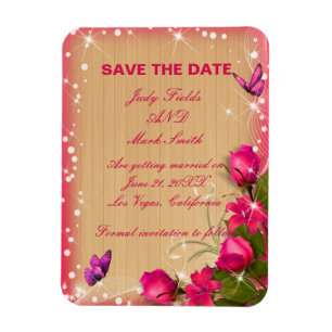 Rustic Wood Pink Floral Butterfly Save The Date Magnet