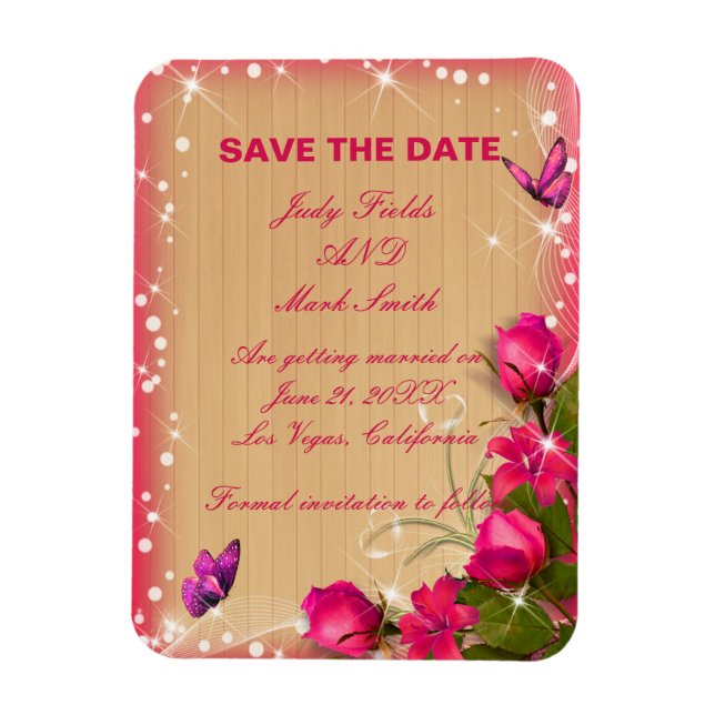 Rustic Wood Pink Floral Butterfly Save The Date Magnet (Vertical)
