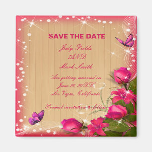Rustic Wood Pink Floral Butterfly Save The Date Magnet