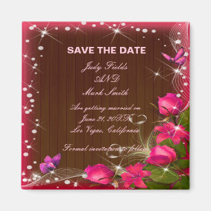 Rustic Wood Pink Floral Butterfly Save The Date Magnet