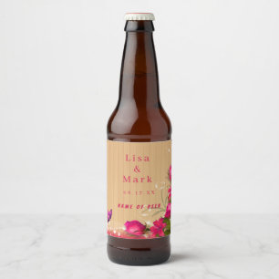 Rustic Wood Pink Floral Butterfly Wedding Beer Bottle Label