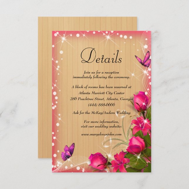 Rustic Wood Pink Floral Butterfly Wedding Details Enclosure Card (Front/Back)