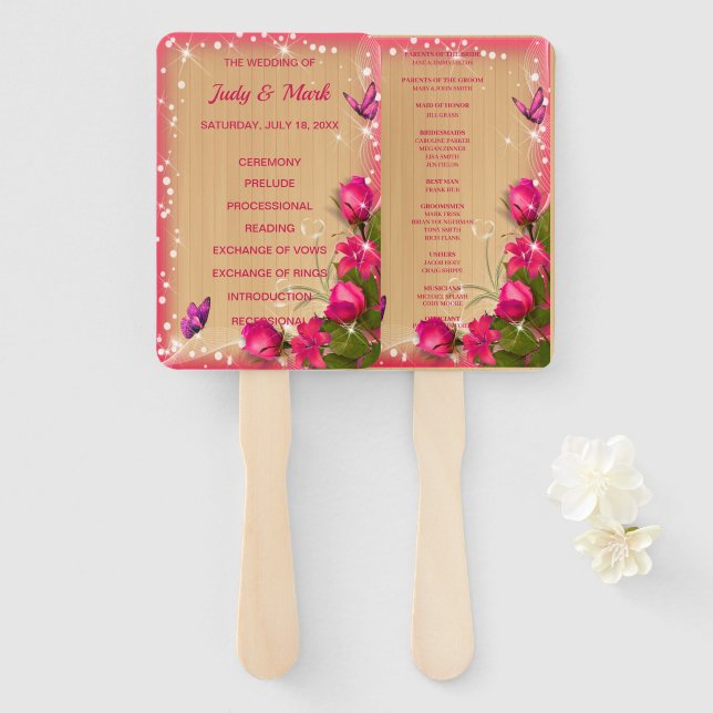 Rustic Wood Pink Floral Butterfly Wedding Program Hand Fan (Front and Back)