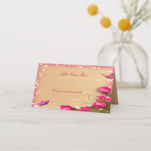 Rustic Wood Pink Floral Butterfly Wedding Table Place Card