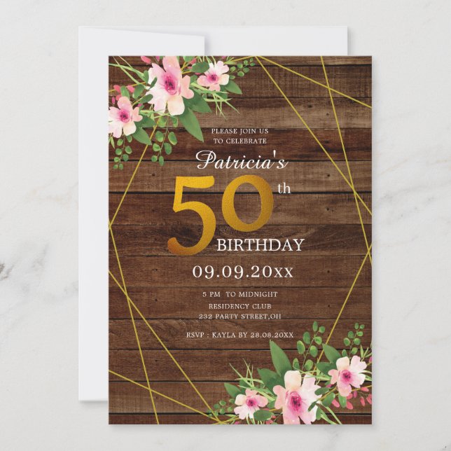 Rustic Wood Pink Floral Gold Glitter 50th Birthday Invitation (Front)