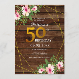 Rustic Wood Pink Floral Gold Glitter 50th Birthday Invitation