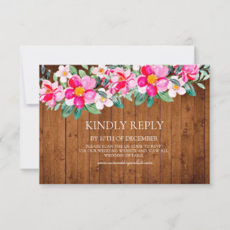 Rustic Wood Pink Floral Lights Wedding Invitation