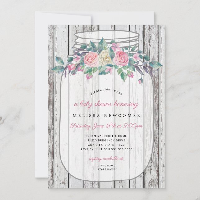 Rustic wood pink floral mason jar baby shower  invitation (Front)