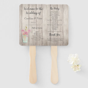 Rustic Wood Pink Floral Mason Jar Wedding Hand Fan
