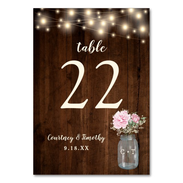 Rustic Wood Pink Floral Mason Jar | Wedding Table Number (Front)