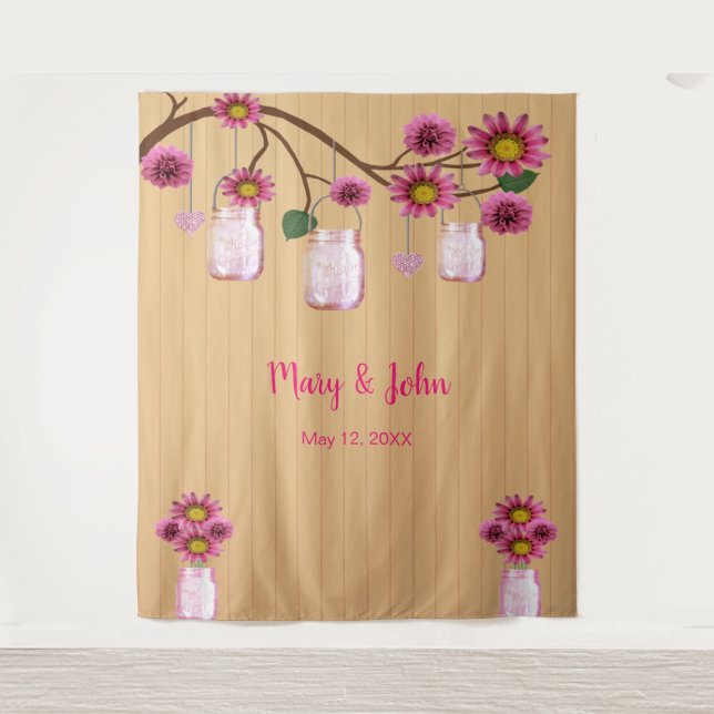 Rustic Wood Pink Floral Mason Jars Photo Backdrop Tapestry (Front)