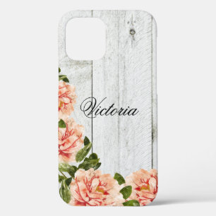 Rustic Wood Pink Floral Personalized Script iPhone 12 Case