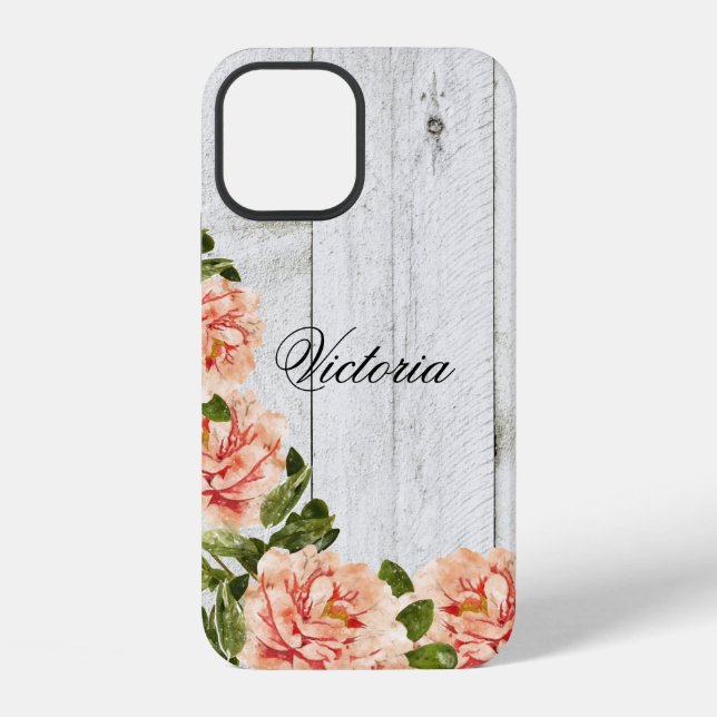 Rustic Wood Pink Floral Personalized Script iPhone Case (Back)