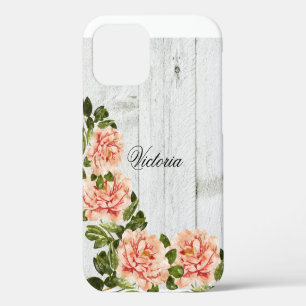 Rustic Wood Pink Floral Personalized Script iPhone 12 Case