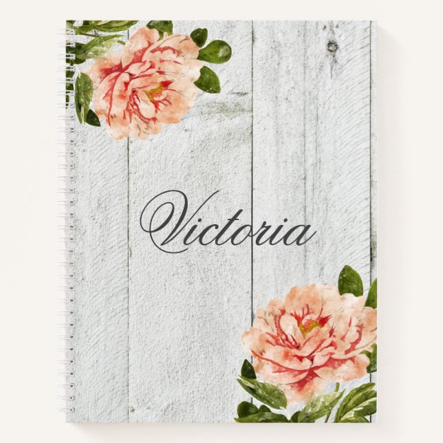 Rustic Wood  Pink Floral Personalized Script Notebook (Front)