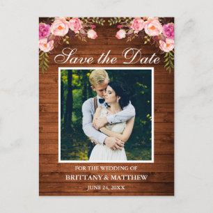 Rustic Wood Pink Floral Photo Save the Date Postcard