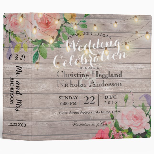 Rustic Wood Pink Floral String Light Wedding Album Binder (Front/Spine)