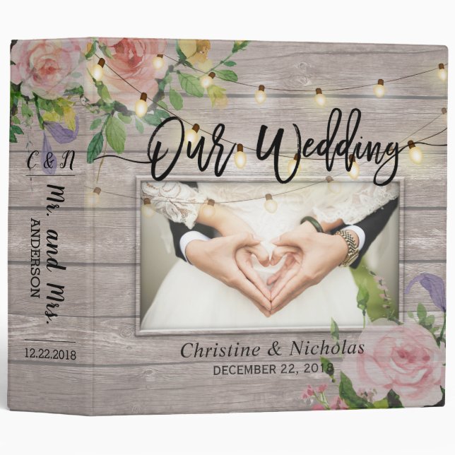 Rustic Wood Pink Floral String Light Wedding Album Binder (Front/Spine)