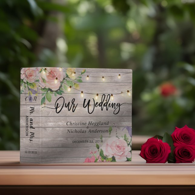 Rustic Wood Pink Floral String Light Wedding Album Binder (Creator Uploaded)