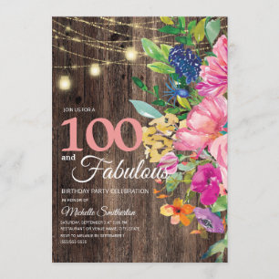 Rustic Wood Pink Floral String Lights 100 Fabulous Invitation