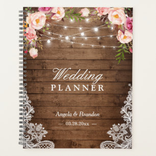 Rustic Wood Pink Floral String Lights Lace Wedding Planner
