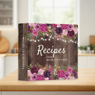 Rustic Wood Pink Floral String Lights Recipe Binder